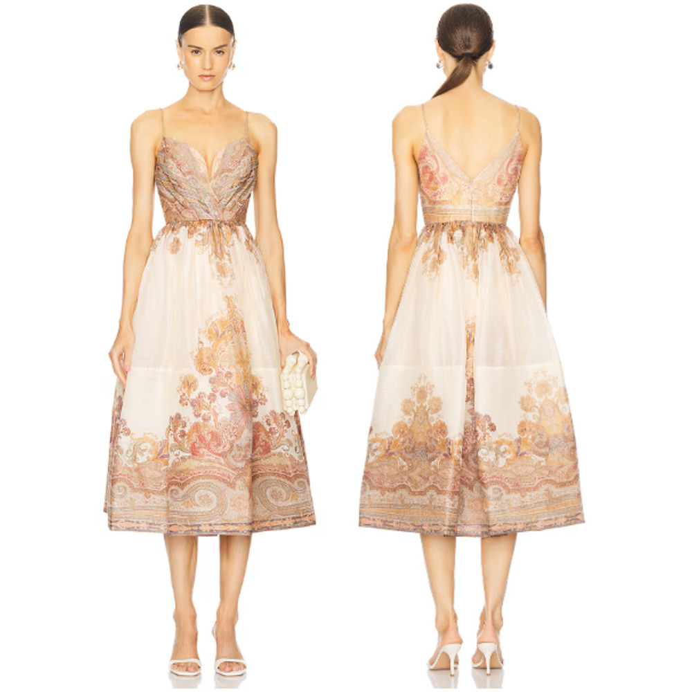 Zimmermann Illustration Draped Fit & Flare Midi Dress Cream Paisley Womens 3 / L